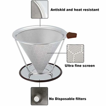 NXACETN Permanter Wiederverwendbare Kaffeefilter, Bienenwabe Entwurf, Papierloser Edelstahl Handfilter mit Reinigungsbürsten und Abnehmbarer Rutschfestem, zum Aufbrühen für 1-6 Tassen, - 3